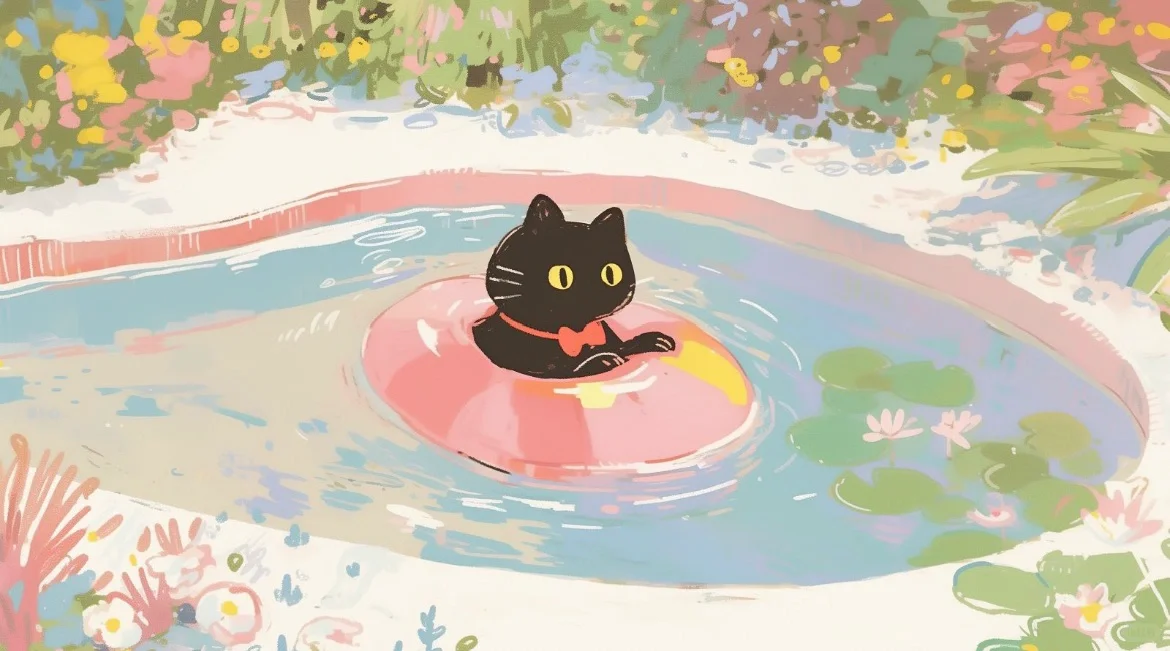 卡通壁纸｜池塘里的猫｜三端壁纸||