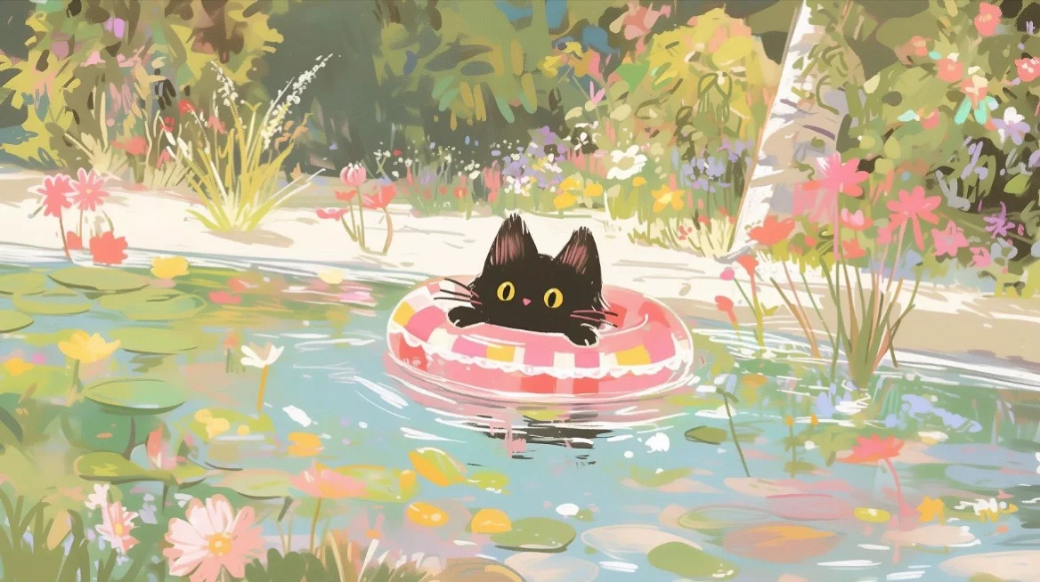 卡通壁纸｜池塘里的猫｜三端壁纸||