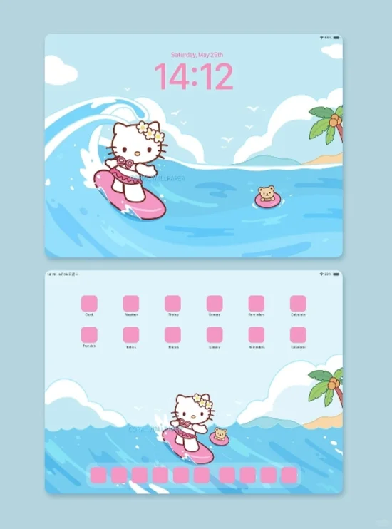 平板壁纸|冲浪kitty|INS风卡通壁纸