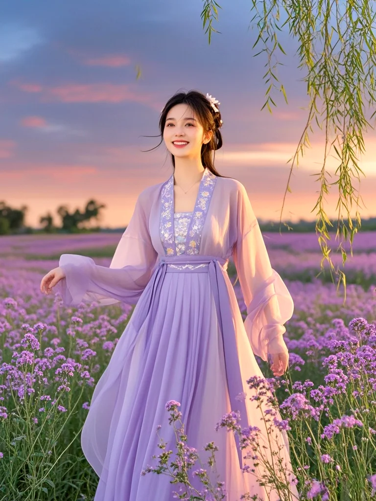 汉服美女与美丽的花海碰撞