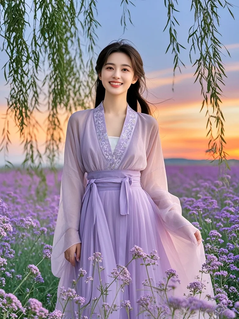 汉服美女与美丽的花海碰撞