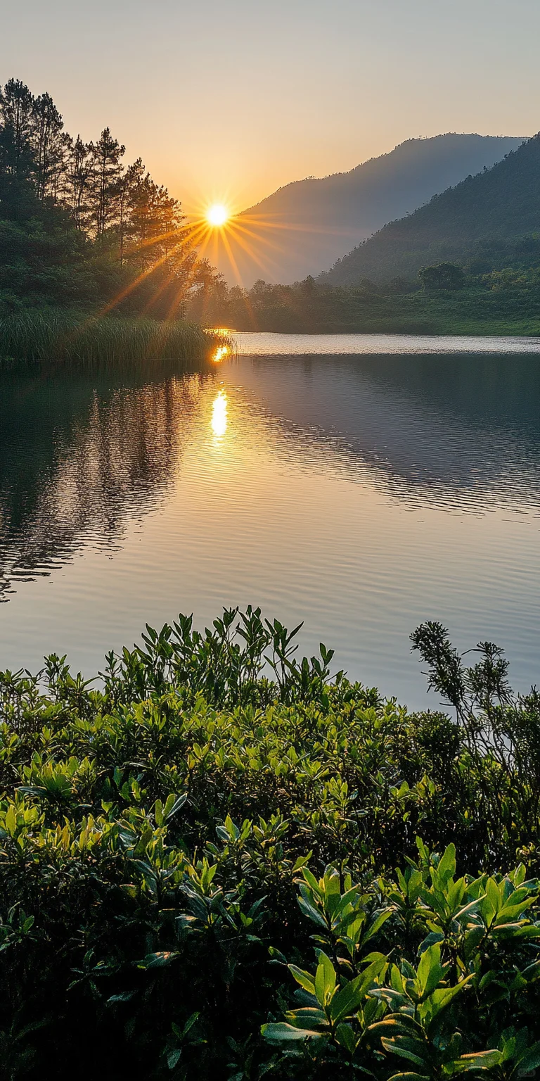 阳光剪影下的静谧湖景——完美手机壁纸