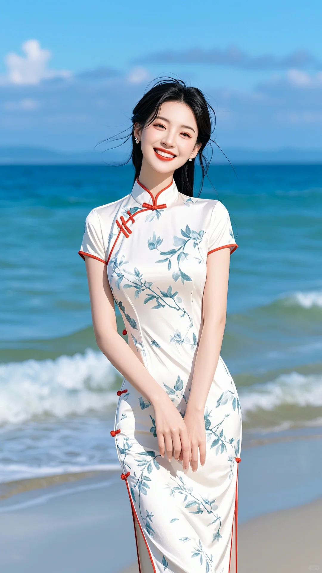 海浪轻涌 佳人如画，美女身穿旗袍在海边