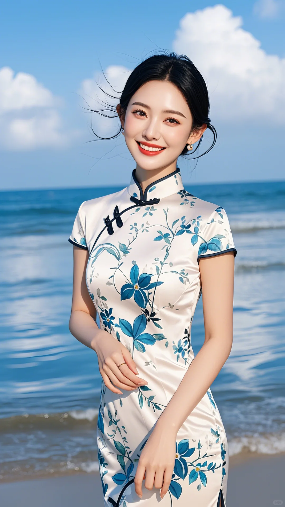 海浪轻涌 佳人如画，美女身穿旗袍在海边