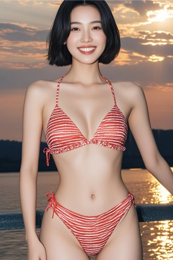 黄昏江边乘凉的比基尼美女