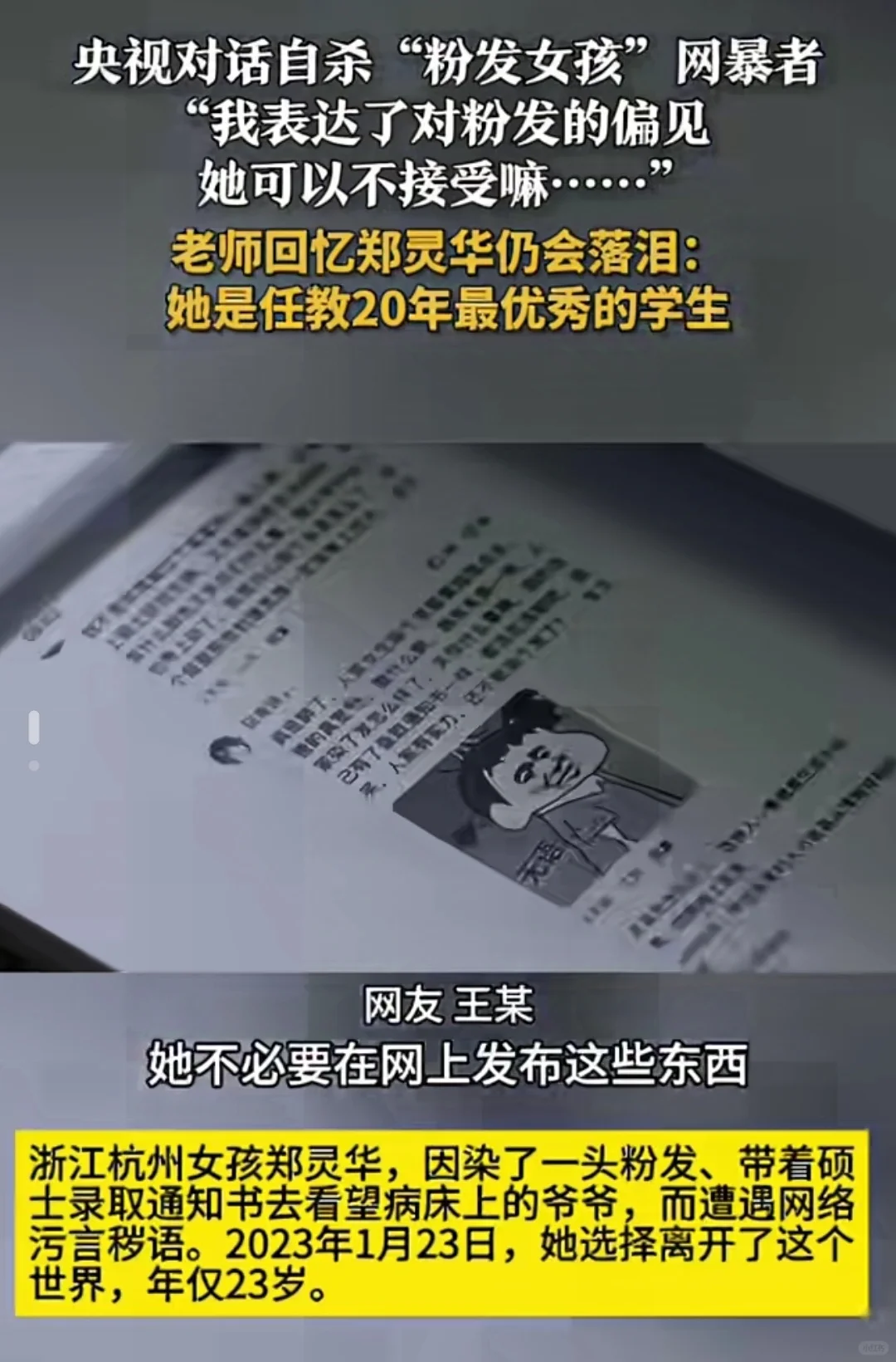 央视对话自杀“粉发女孩”网暴者