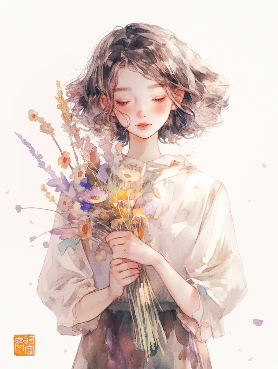 女生头像，水彩画，女孩和花系列二｜AIGC