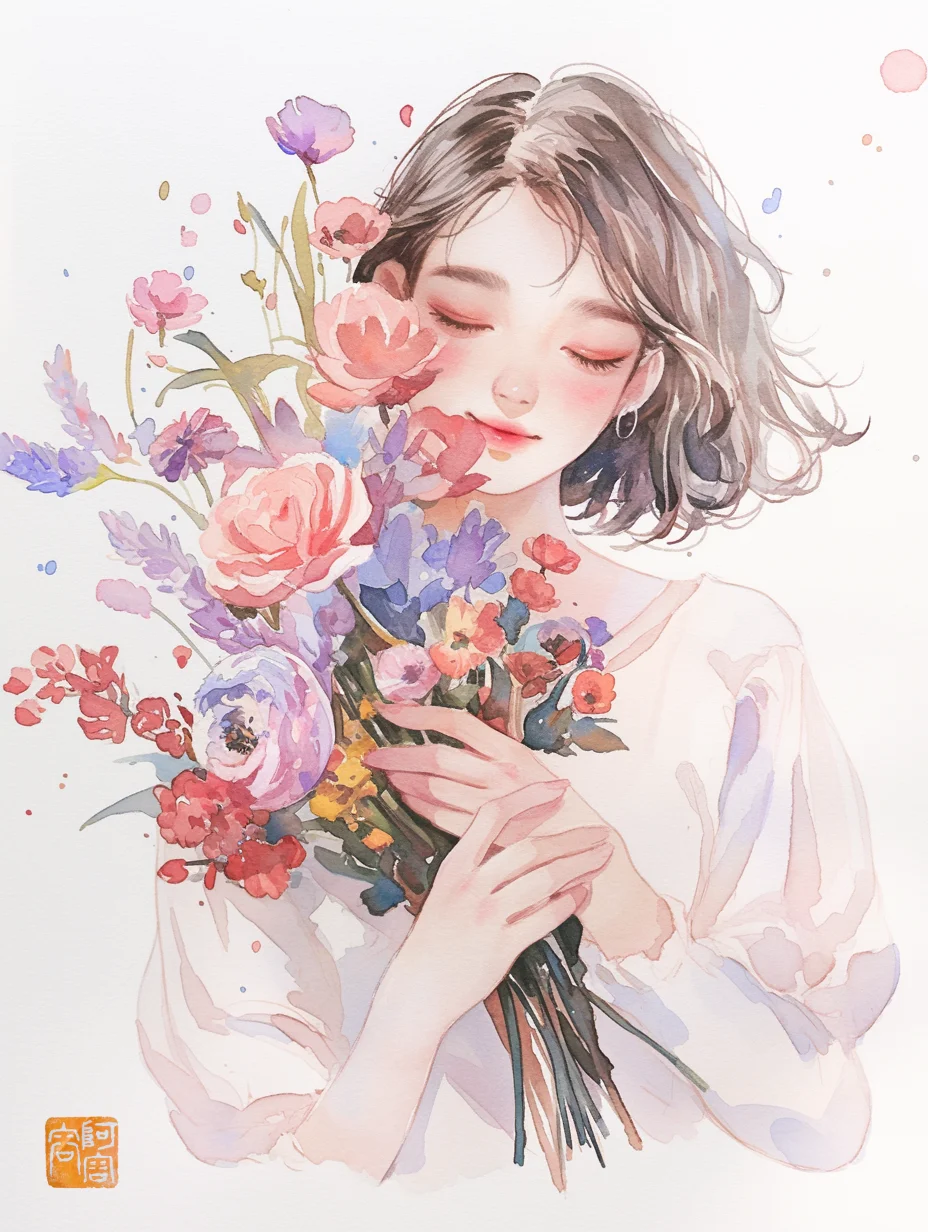 女生头像，水彩画，女孩和花系列二｜AIGC