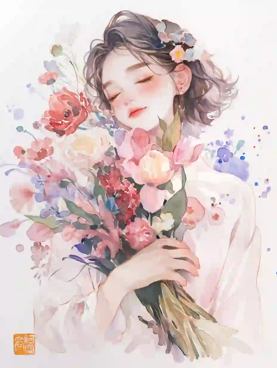 女生头像，水彩画，女孩和花系列二｜AIGC