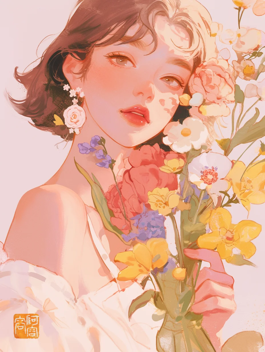 水彩画，女生头像，女孩和花系列一｜AIGC