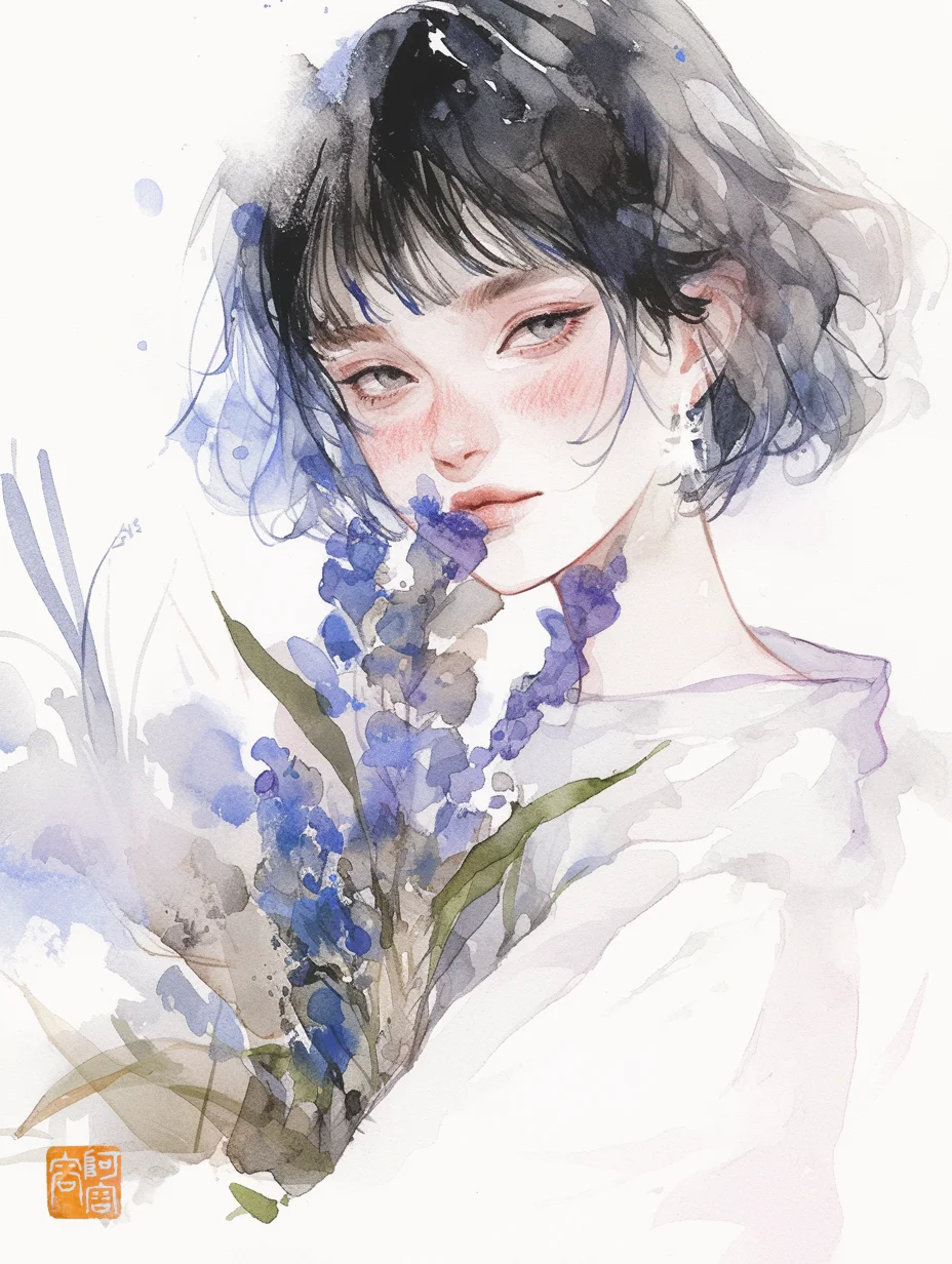 女生头像，水彩画，女孩和花系列二｜AIGC