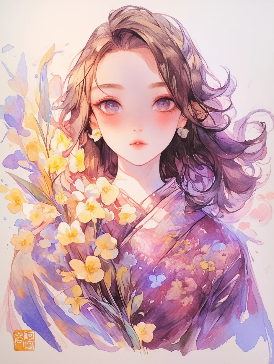 女生头像，水彩画，女孩和花系列二｜AIGC