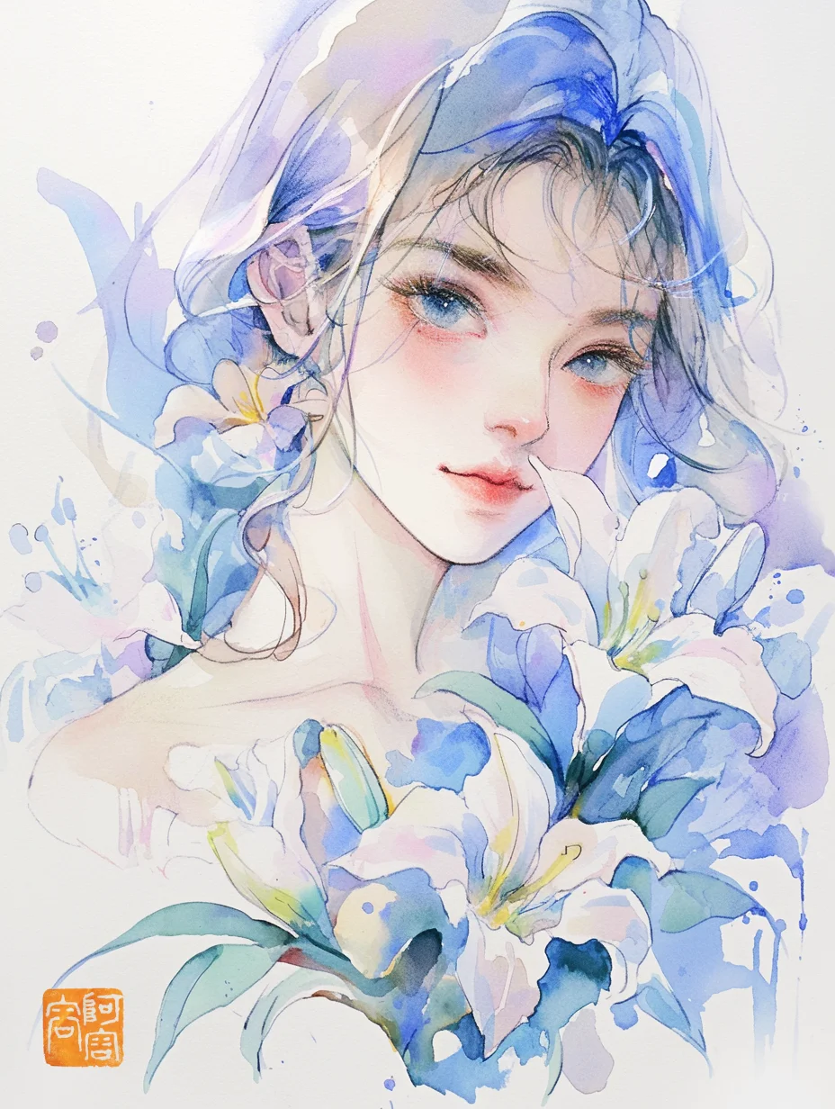 水彩画，女生头像，女孩和花系列一｜AIGC