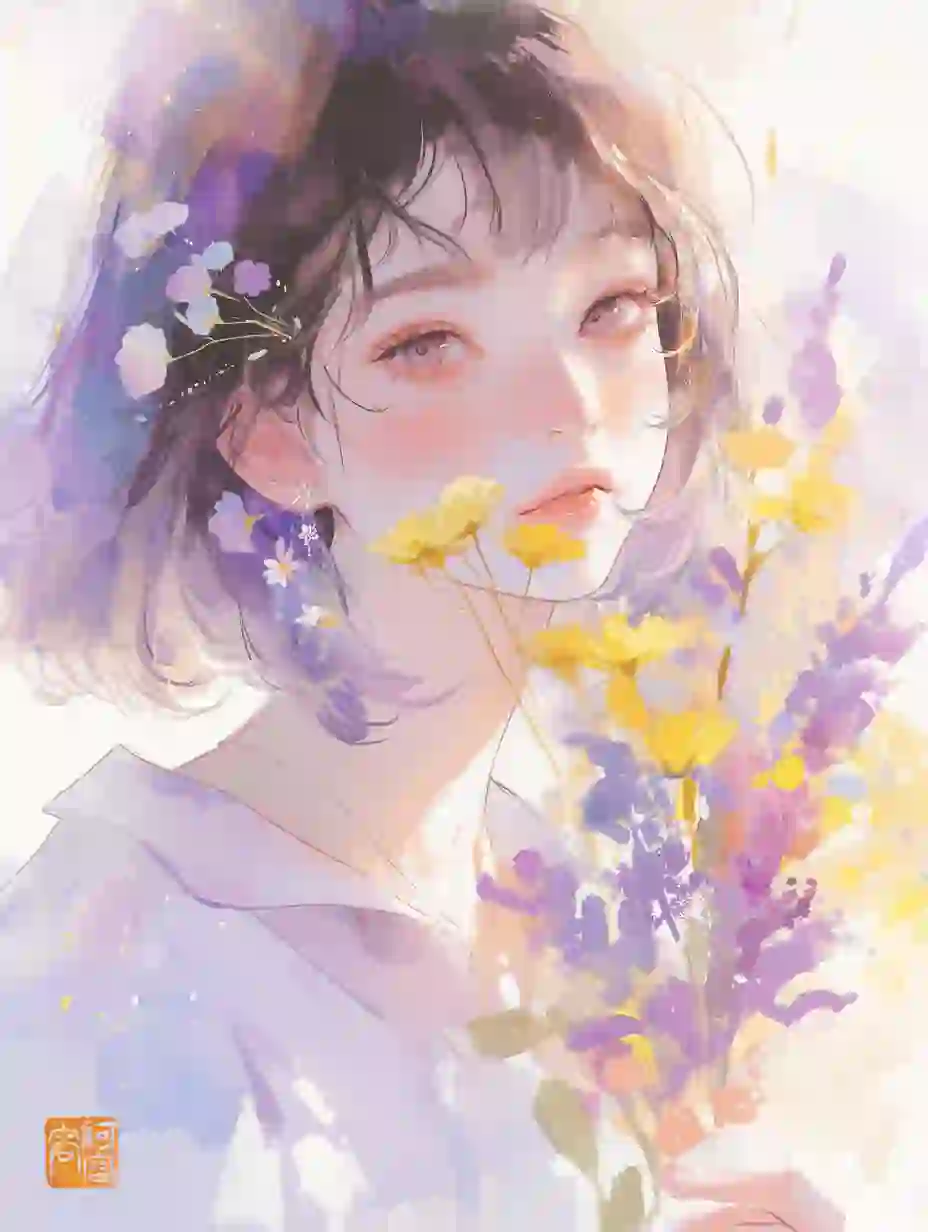 水彩画，女生头像，女孩和花系列一｜AIGC