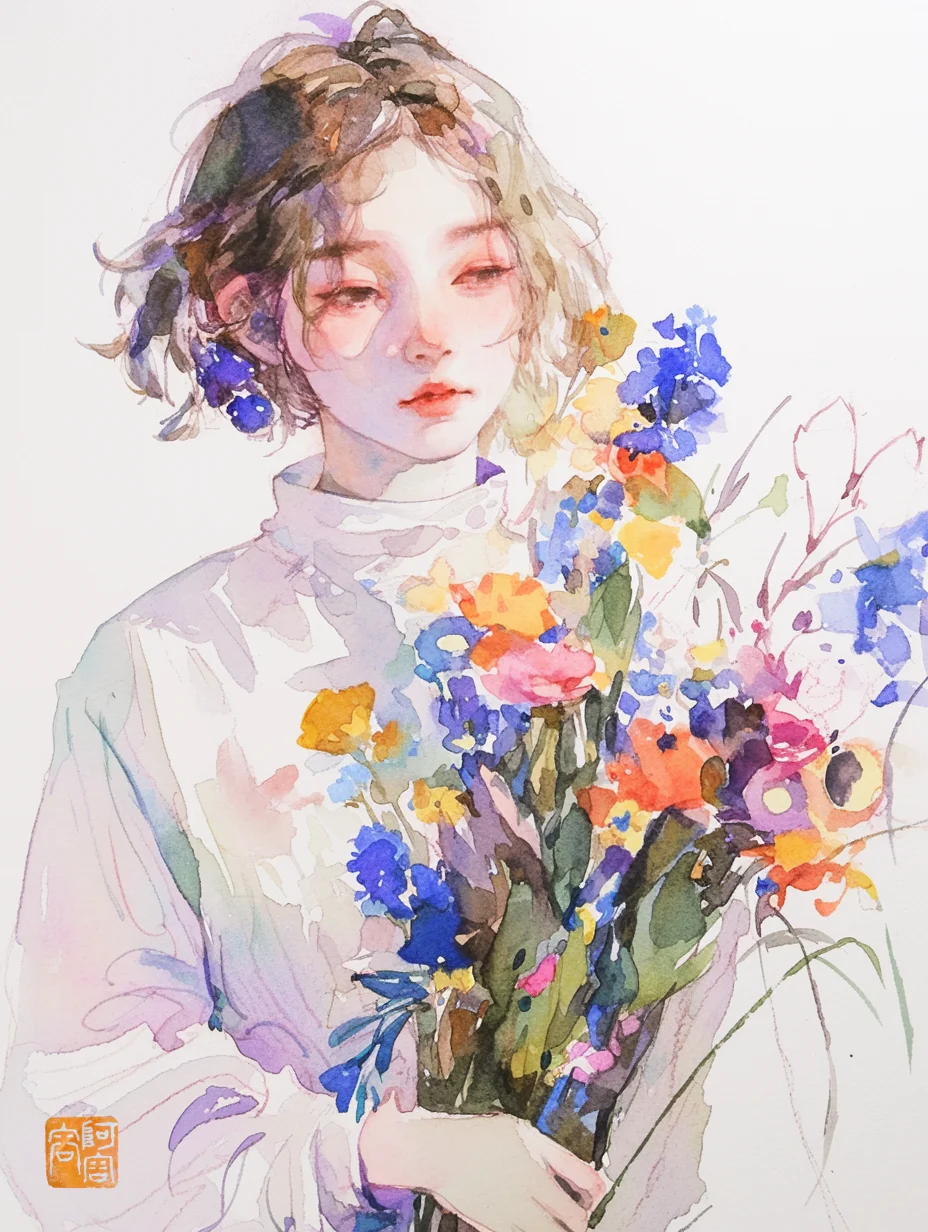 女生头像，水彩画，女孩和花系列二｜AIGC