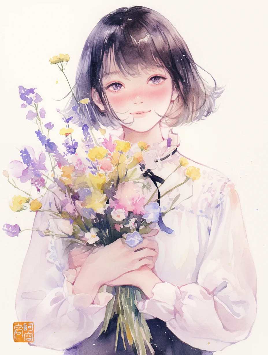 女生头像，水彩画，女孩和花系列二｜AIGC