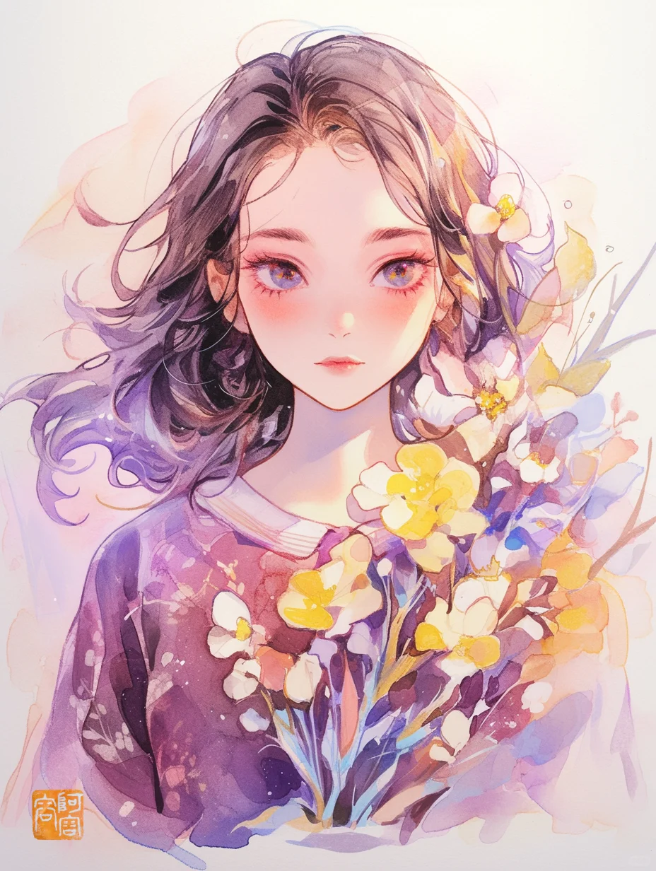 女生头像，水彩画，女孩和花系列二｜AIGC