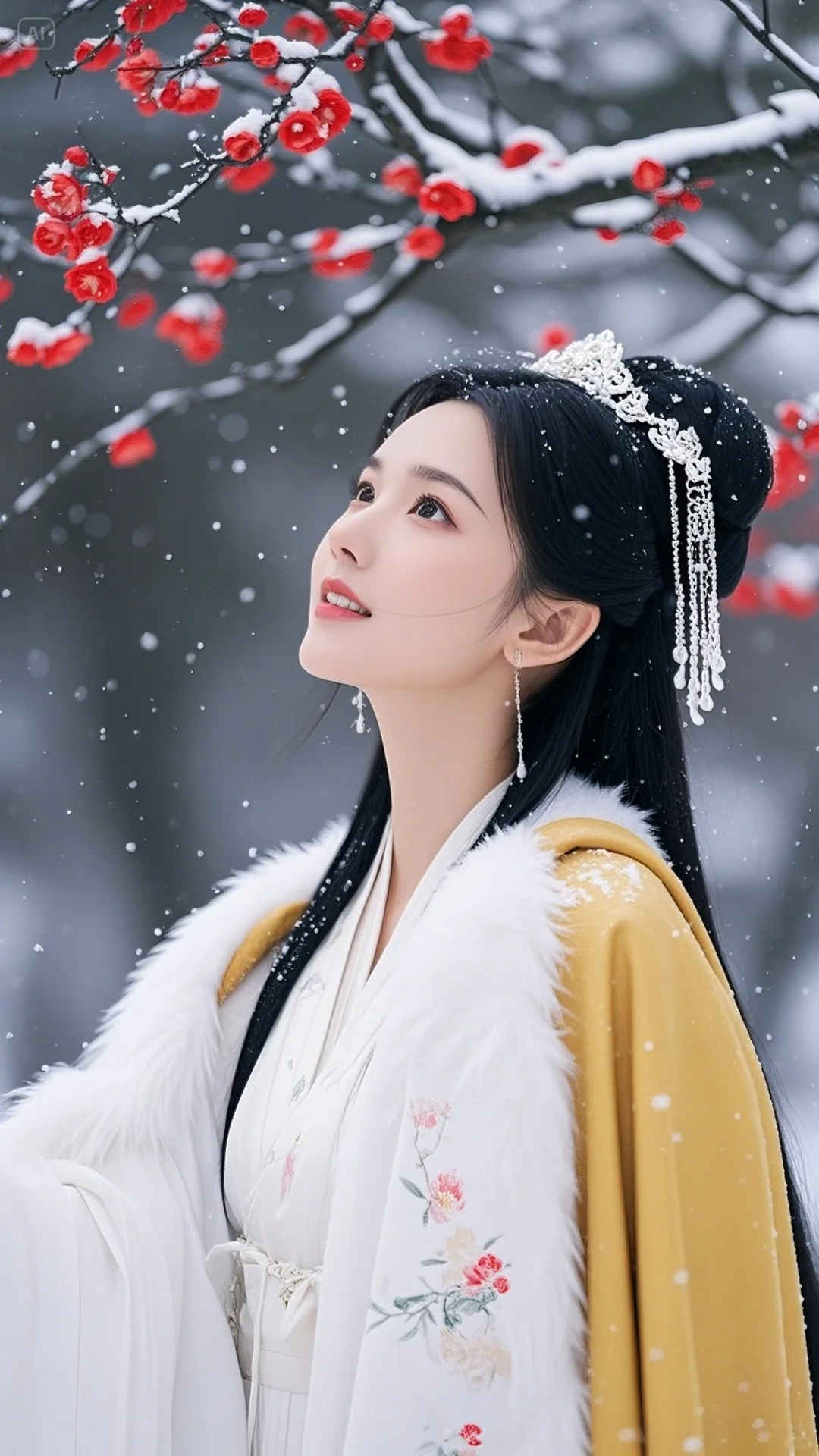 手机古风壁纸：古风美女，黄色斗篷，踏雪红梅