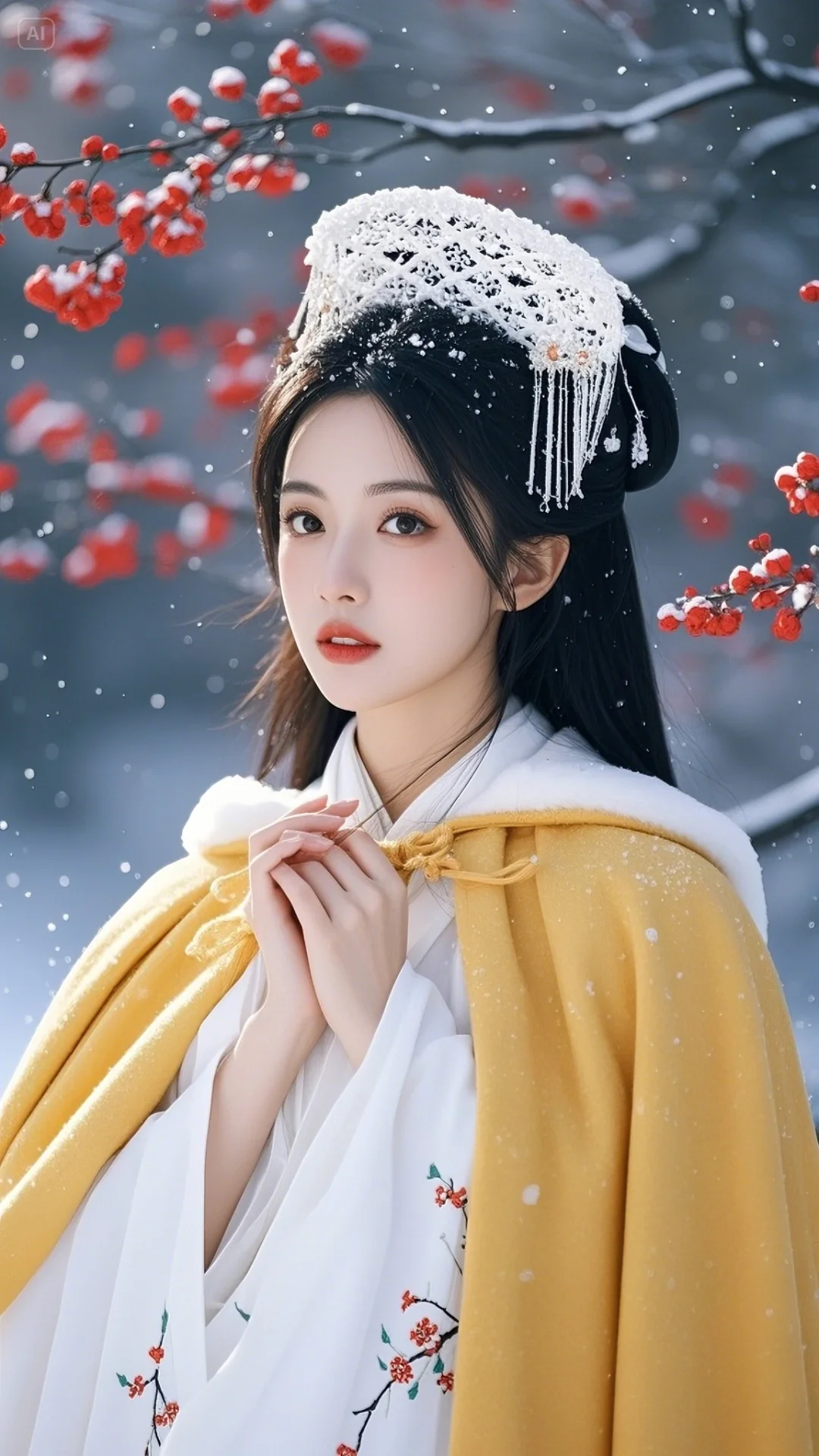 手机古风壁纸：古风美女，黄色斗篷，踏雪红梅