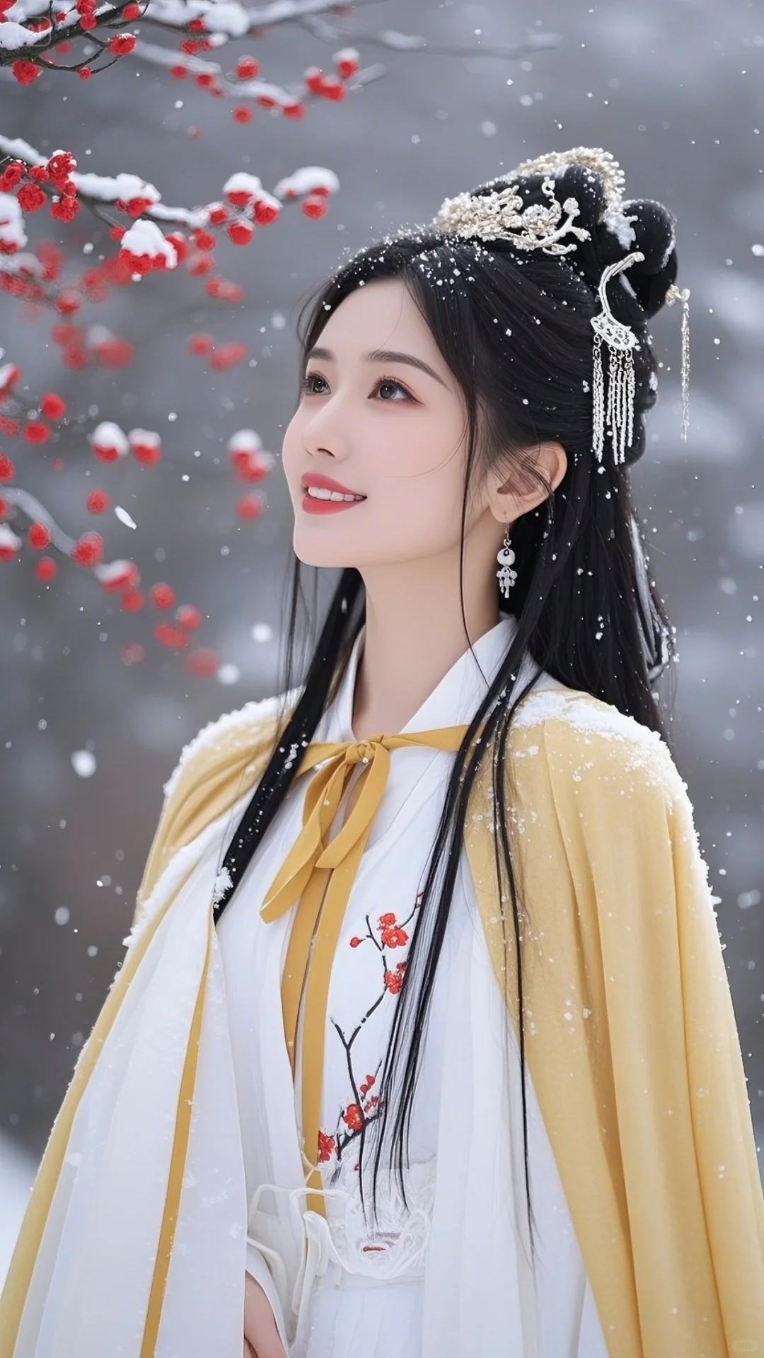 手机古风壁纸：古风美女，黄色斗篷，踏雪红梅