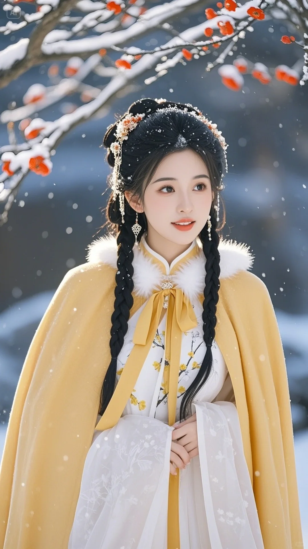 手机古风壁纸：古风美女，黄色斗篷，踏雪红梅