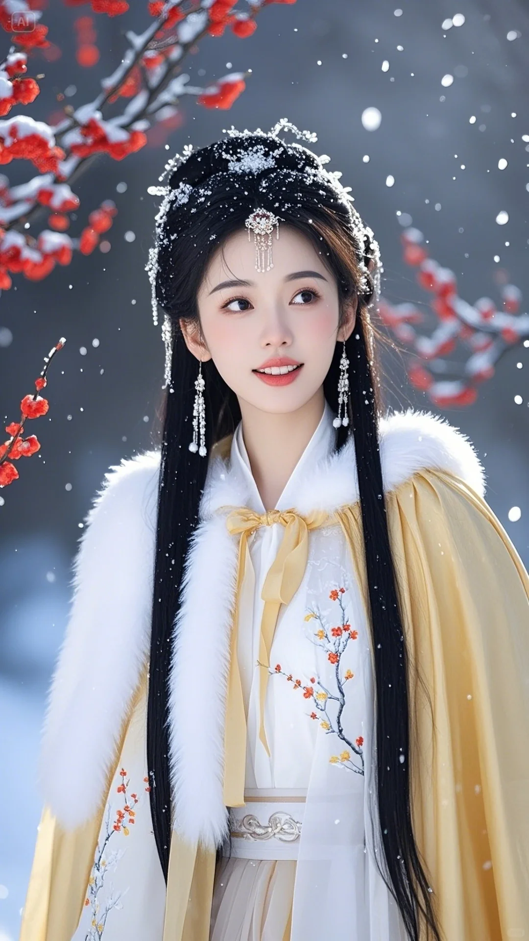 手机古风壁纸：古风美女，黄色斗篷，踏雪红梅