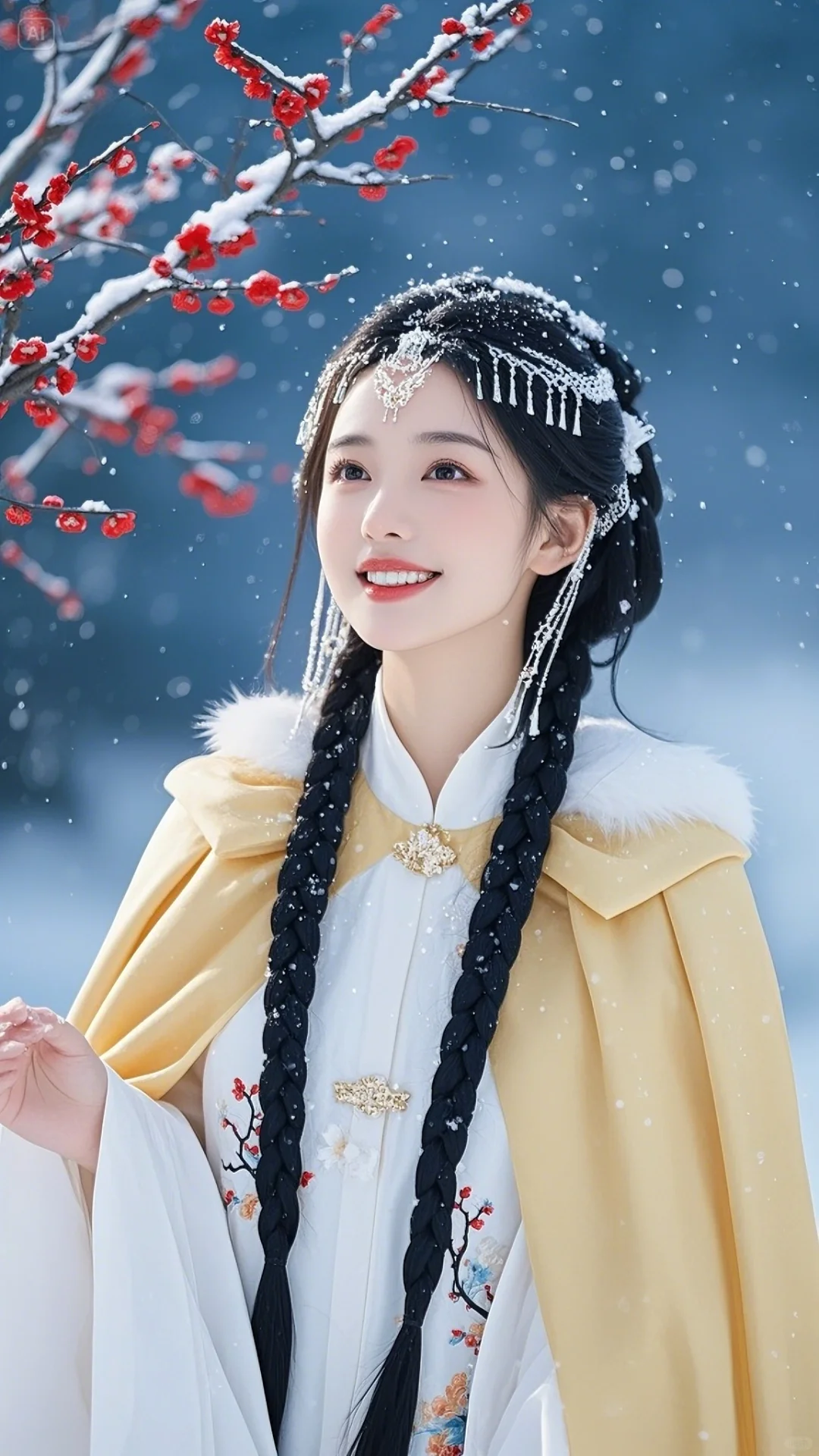 手机古风壁纸：古风美女，黄色斗篷，踏雪红梅