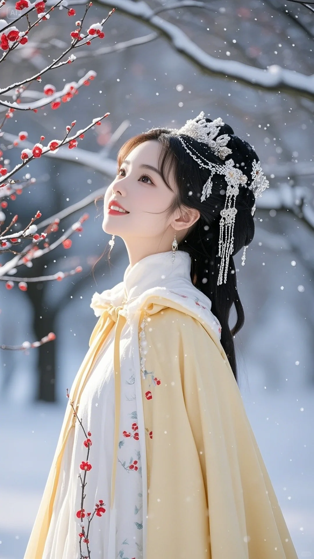 手机古风壁纸：古风美女，黄色斗篷，踏雪红梅