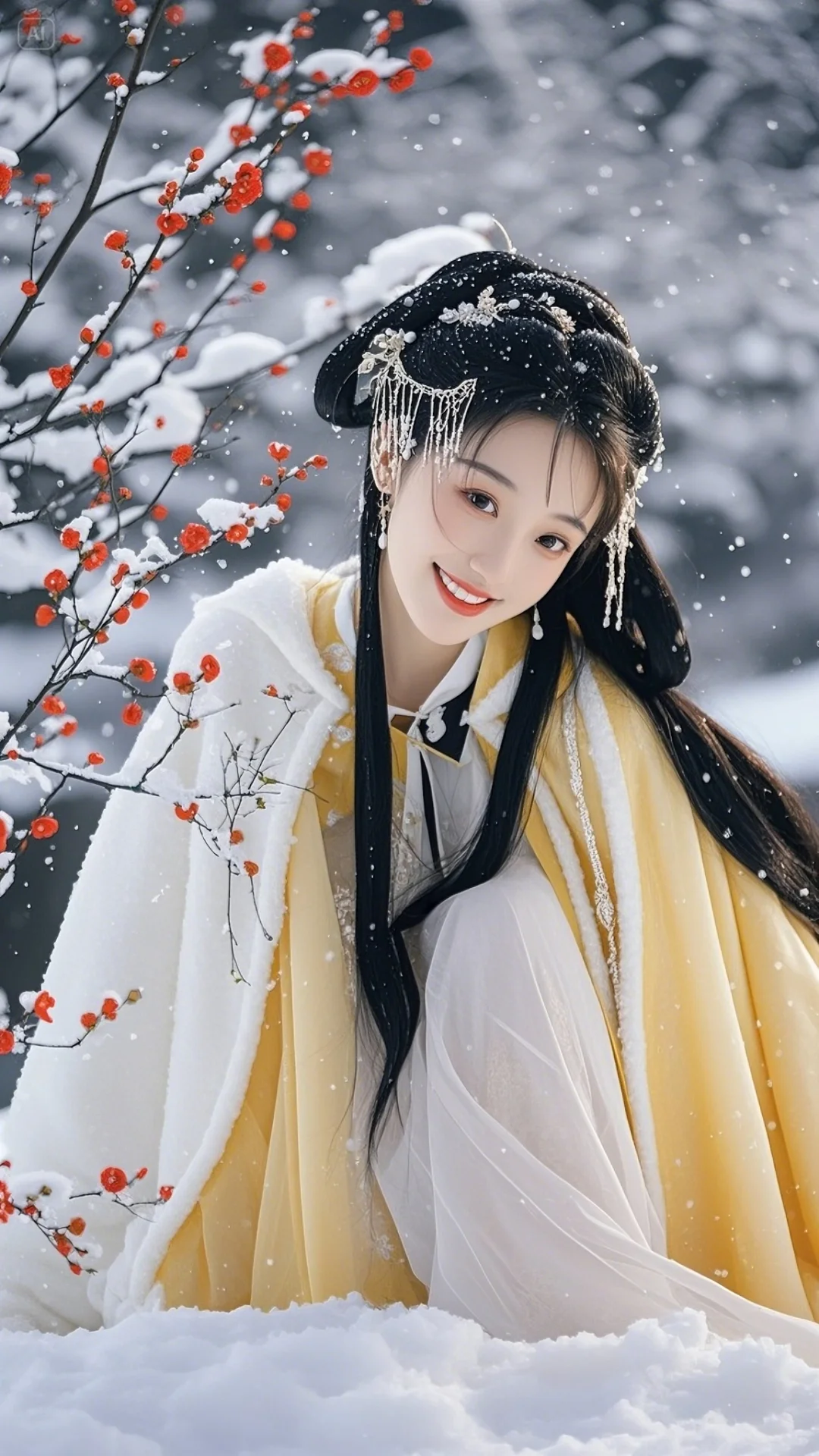 手机古风壁纸：古风美女，黄色斗篷，踏雪红梅