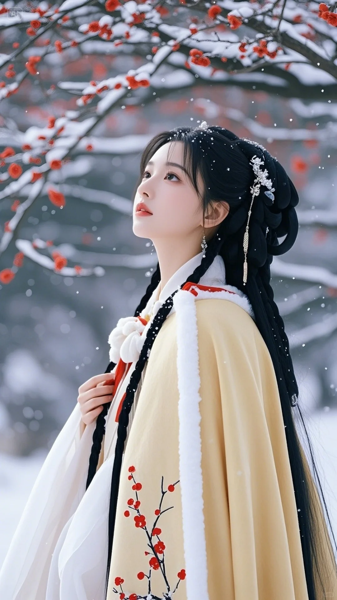 手机古风壁纸：古风美女，黄色斗篷，踏雪红梅