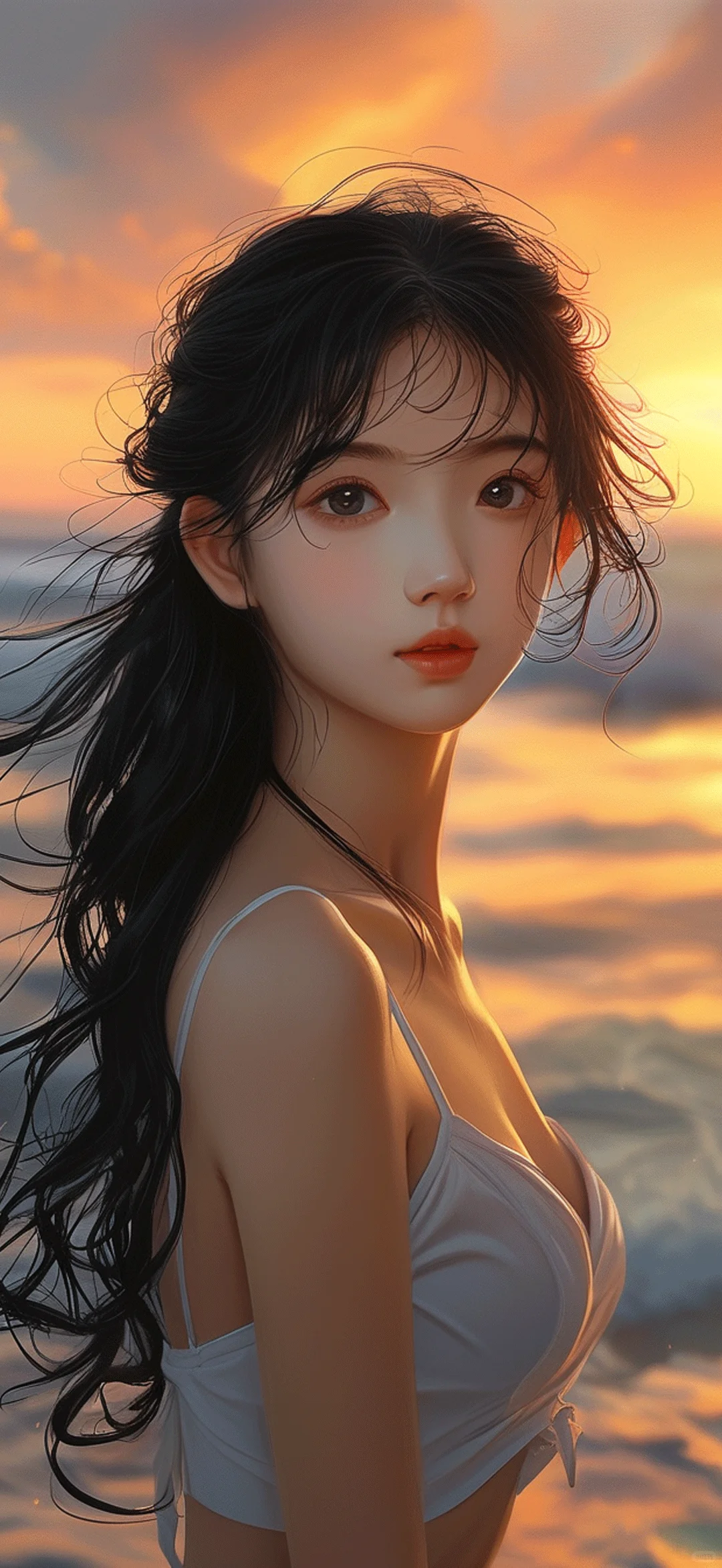 AI绘画 海边落日少女