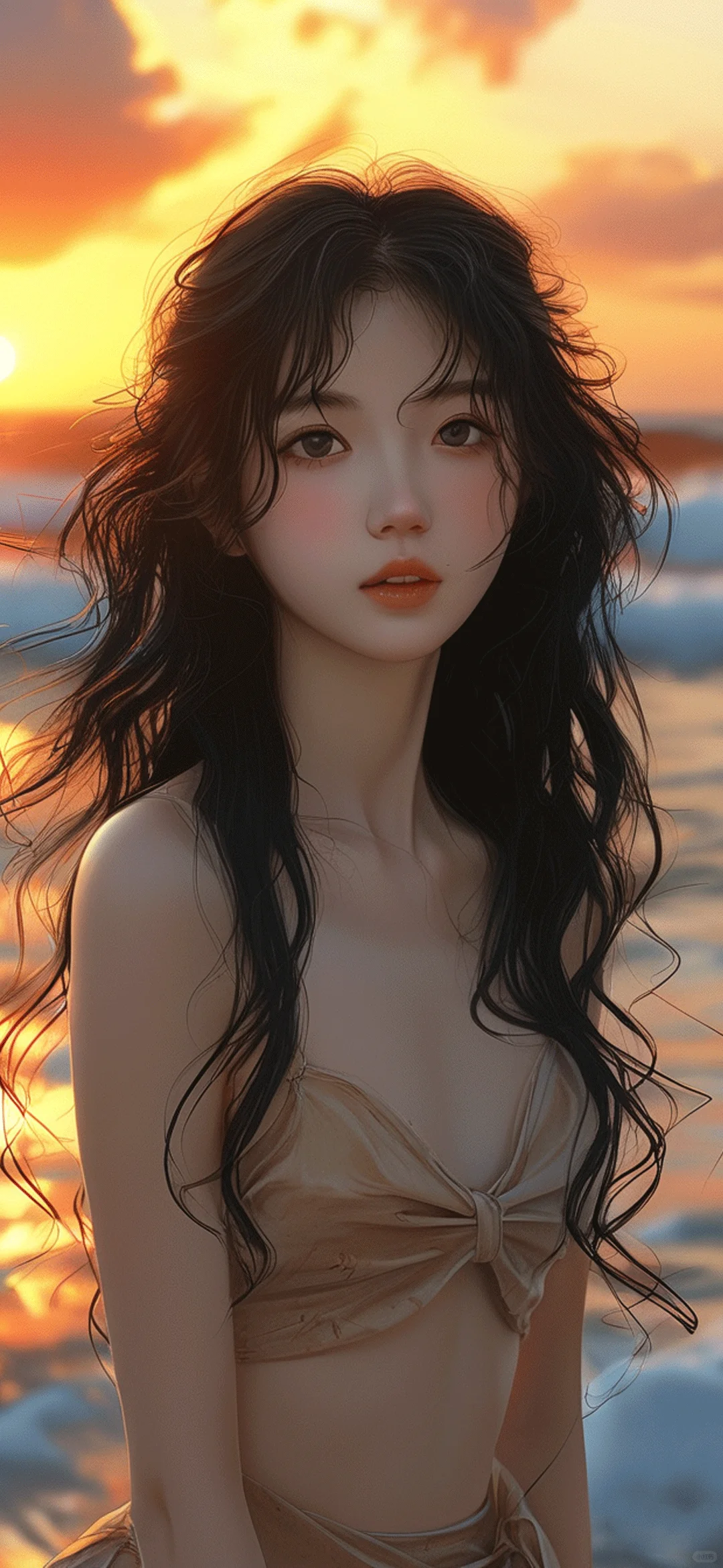 AI绘画 海边落日少女