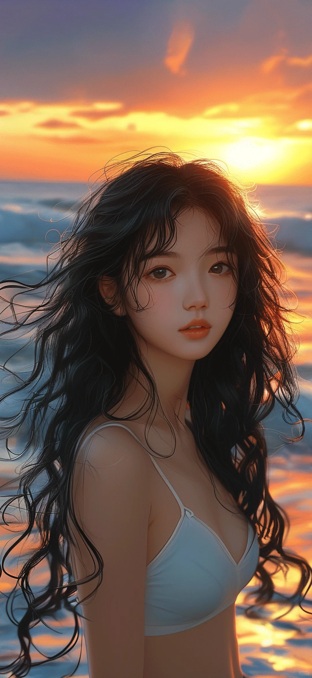 AI绘画 海边落日少女