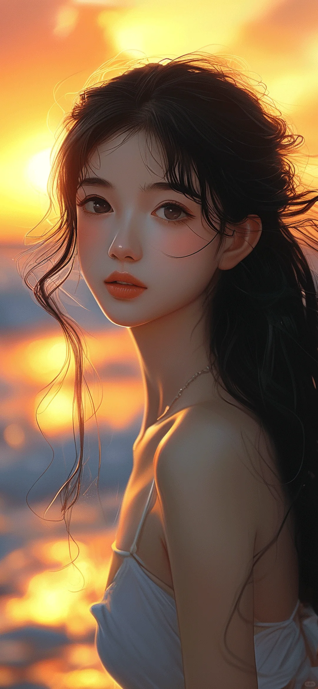 AI绘画 海边落日少女