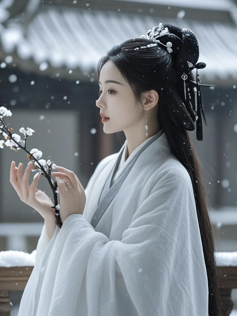 美女壁纸︳雪落琼花，古风佳人入画?