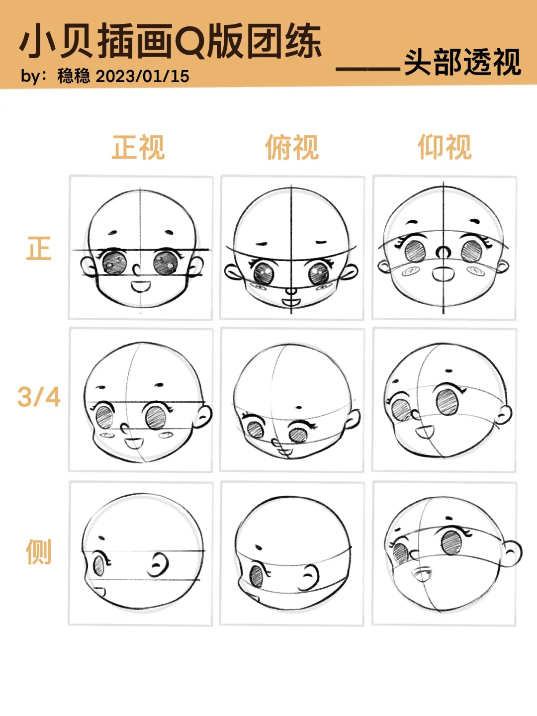 打卡，Q版头部三视图