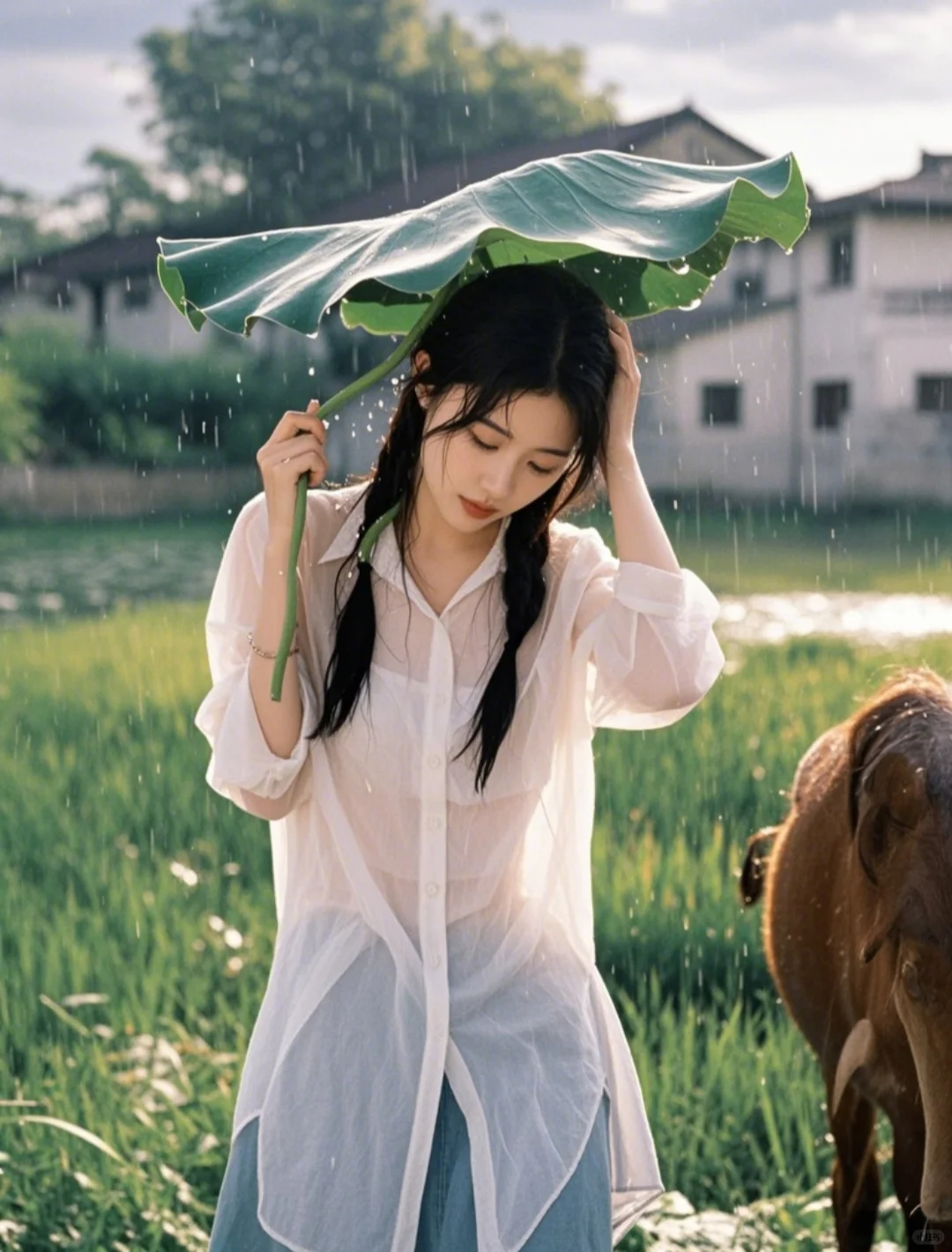 放牛时遭遇夏雨，湿身了，拿起荷叶当伞盖