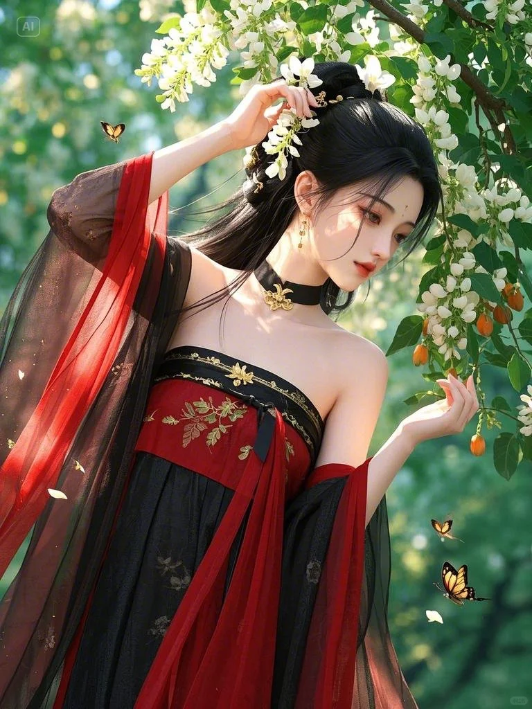 ?槐花树下，红衣美人如梦似幻