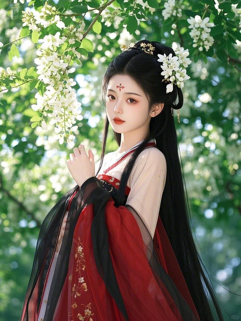 ?槐花树下，红衣美人如梦似幻