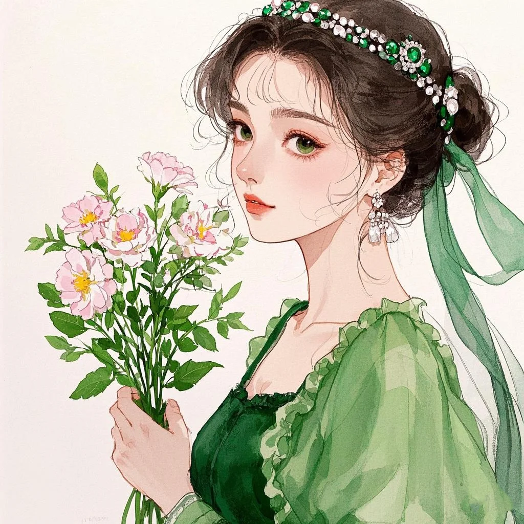 捧花少女绿裙