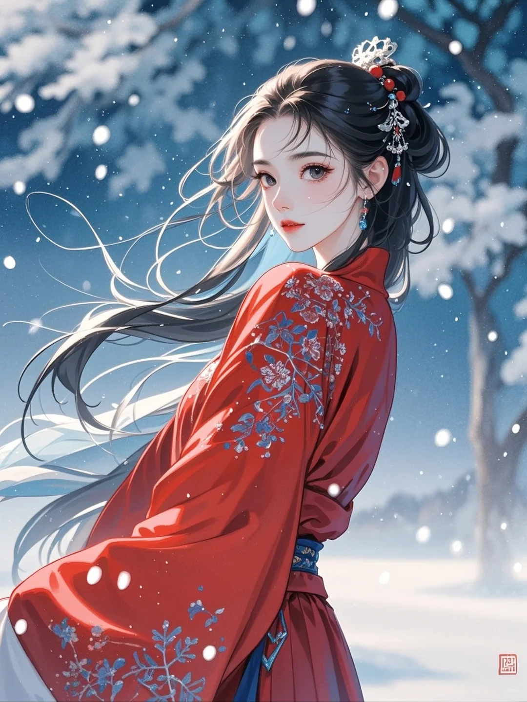 红衣女｜雪地惊鸿影