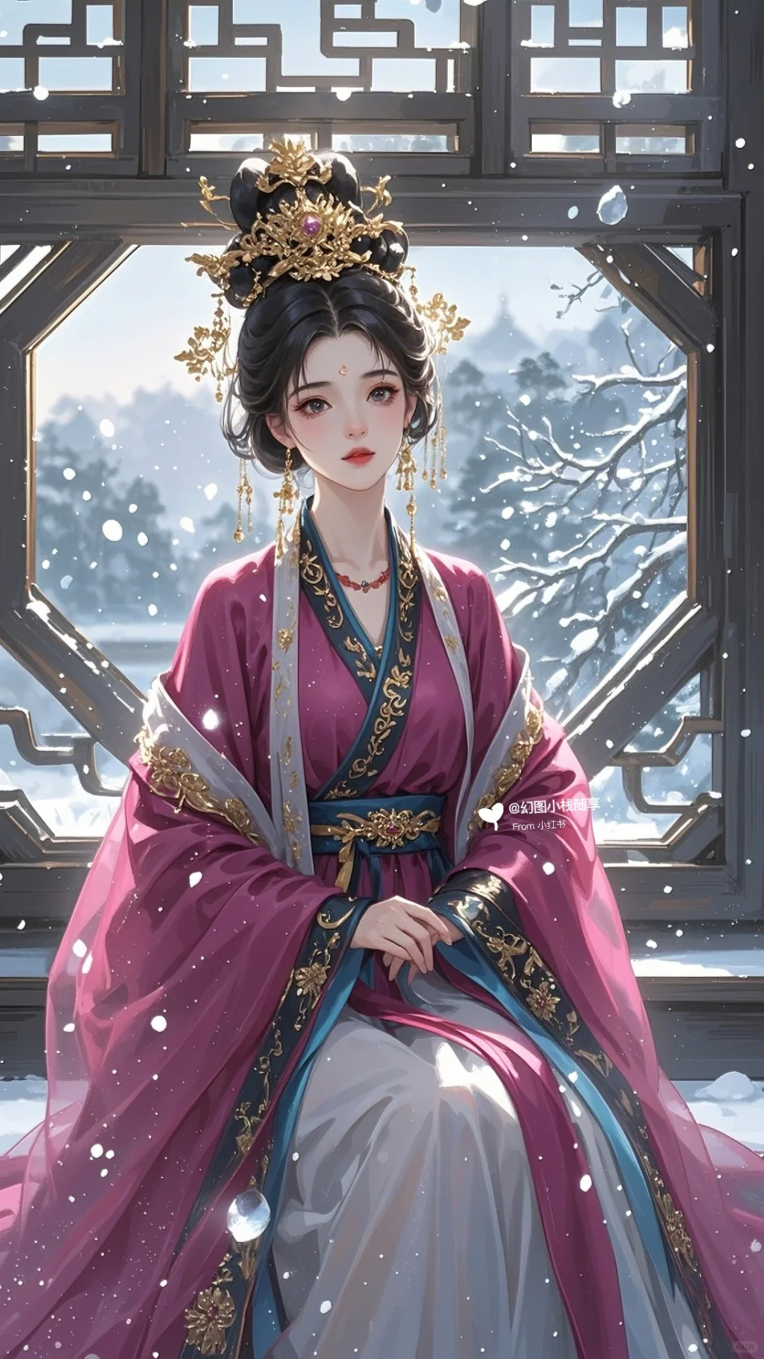 古风|窗前女子，静赏雪飘。