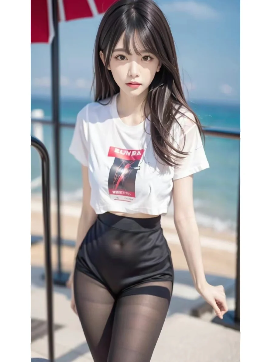 AI美女壁纸 海边的黑色泳装美少女