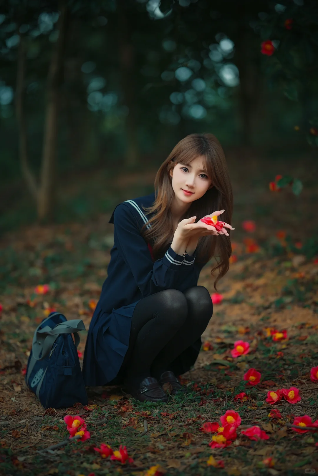 山茶花下的春日JK制服少女写真