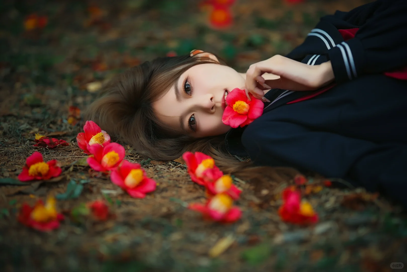 山茶花下的春日JK制服少女写真