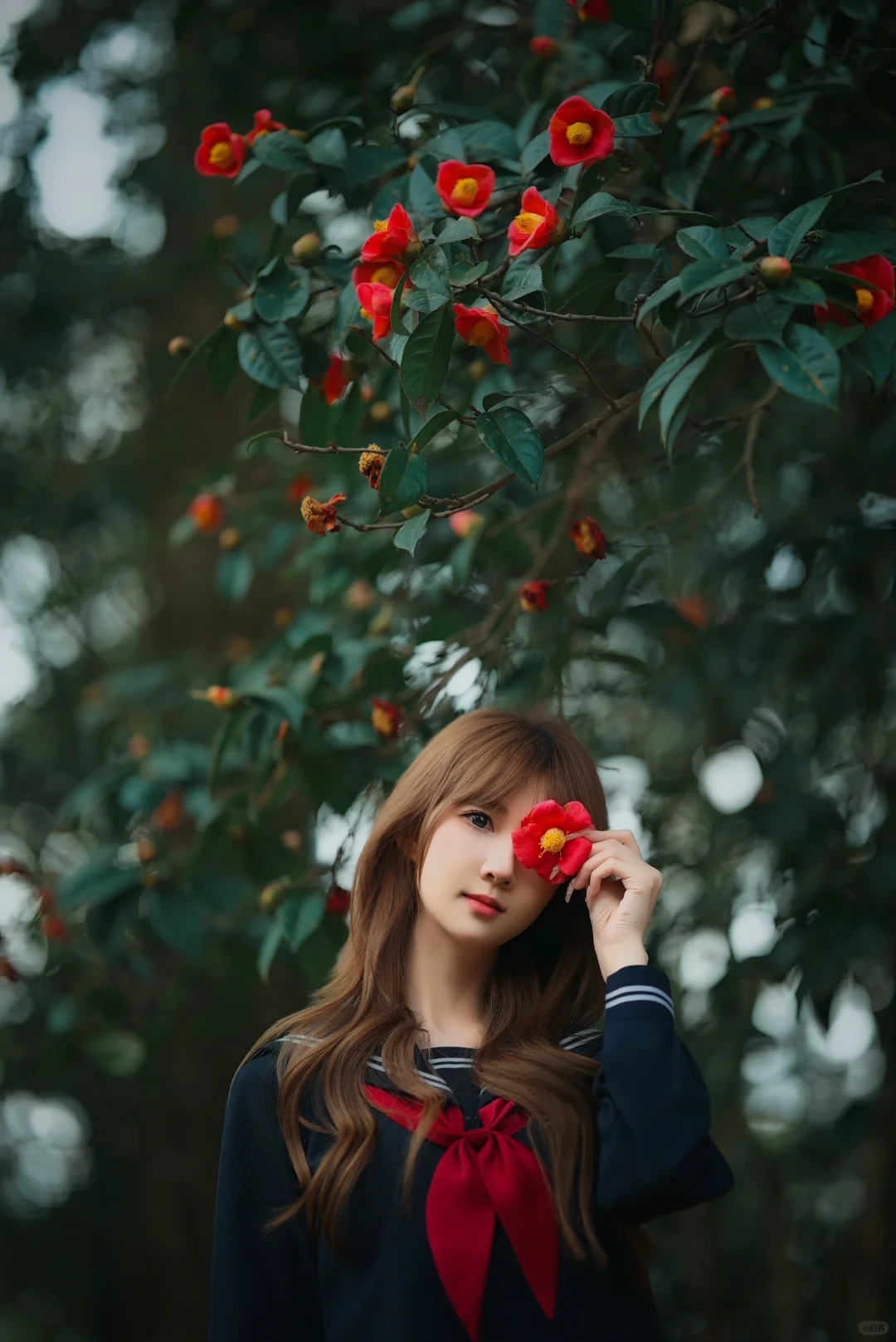 山茶花下的春日JK制服少女写真