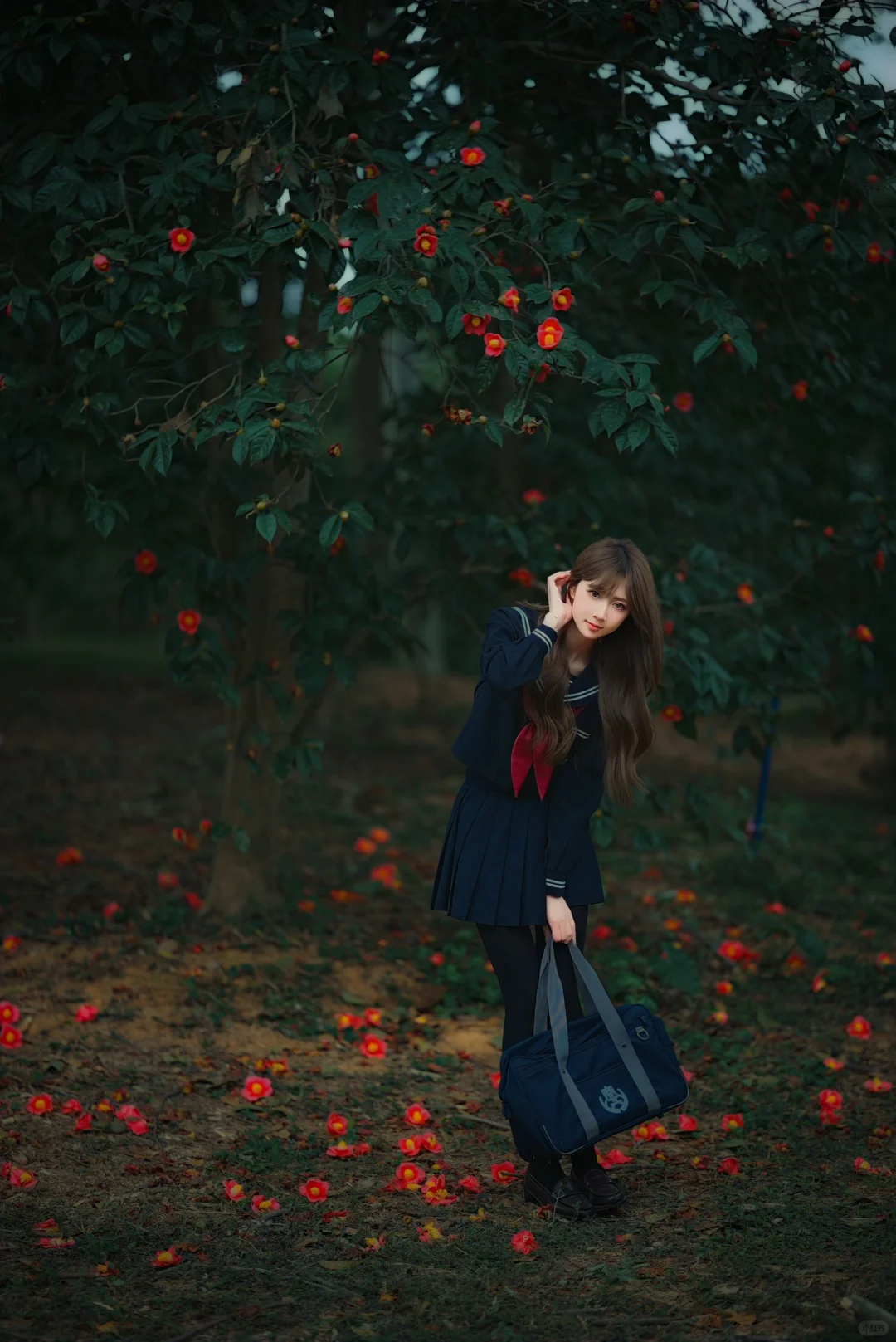 山茶花下的春日JK制服少女写真