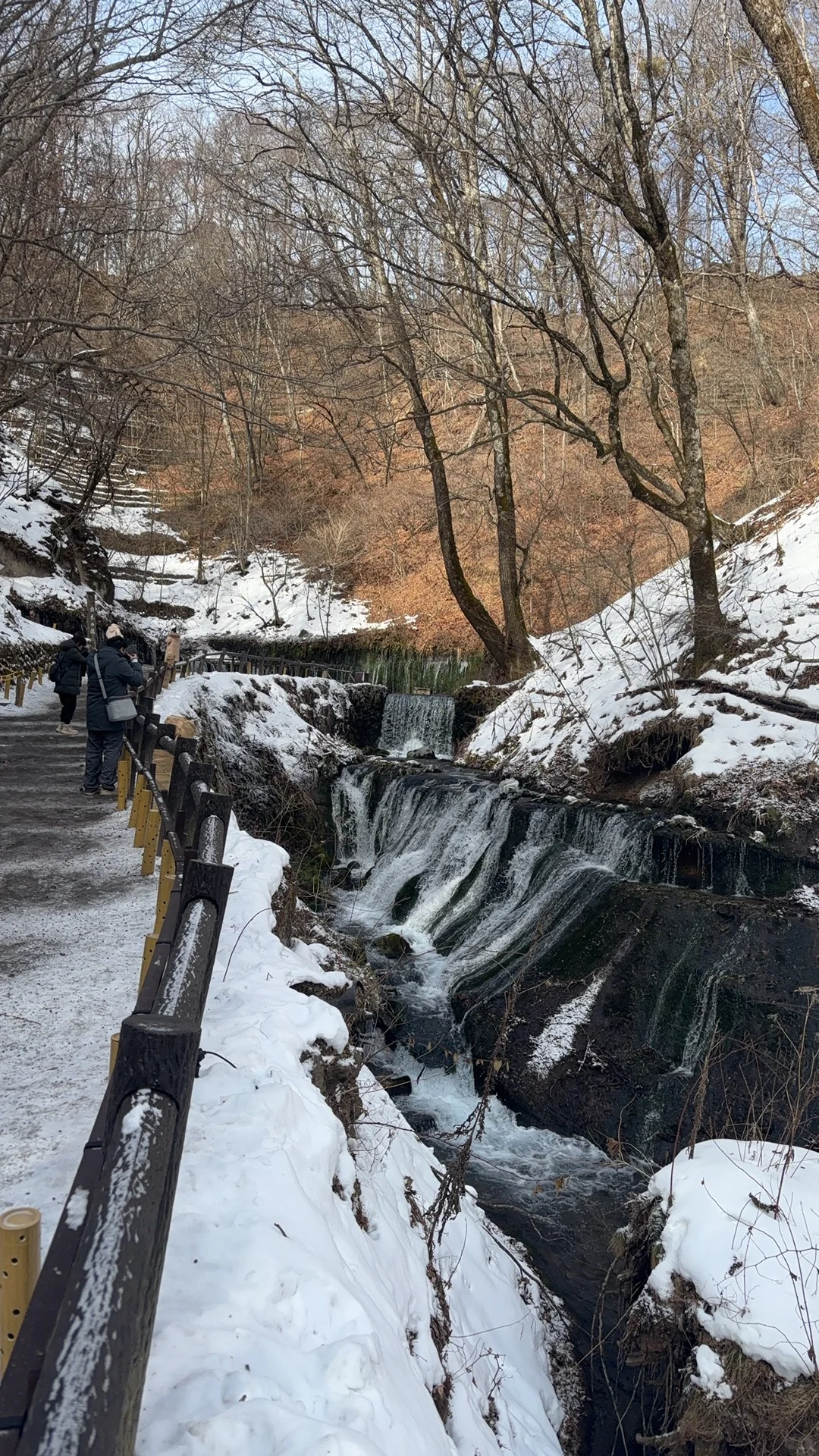 轻井泽 白丝瀑布 冬天下着雪花 看着非常美