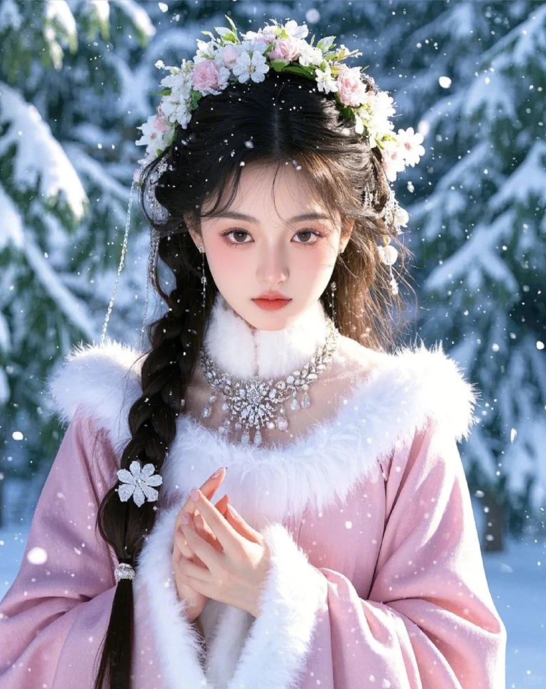 雪落无声润素颜， 少女亭亭立寒间