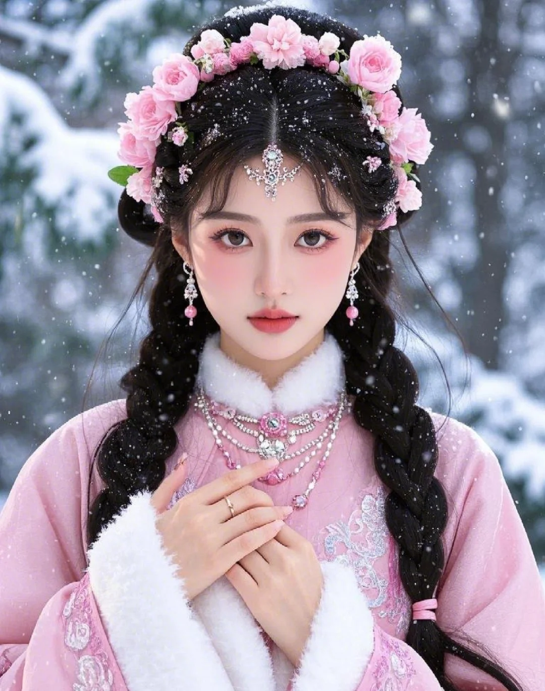 雪落无声润素颜， 少女亭亭立寒间